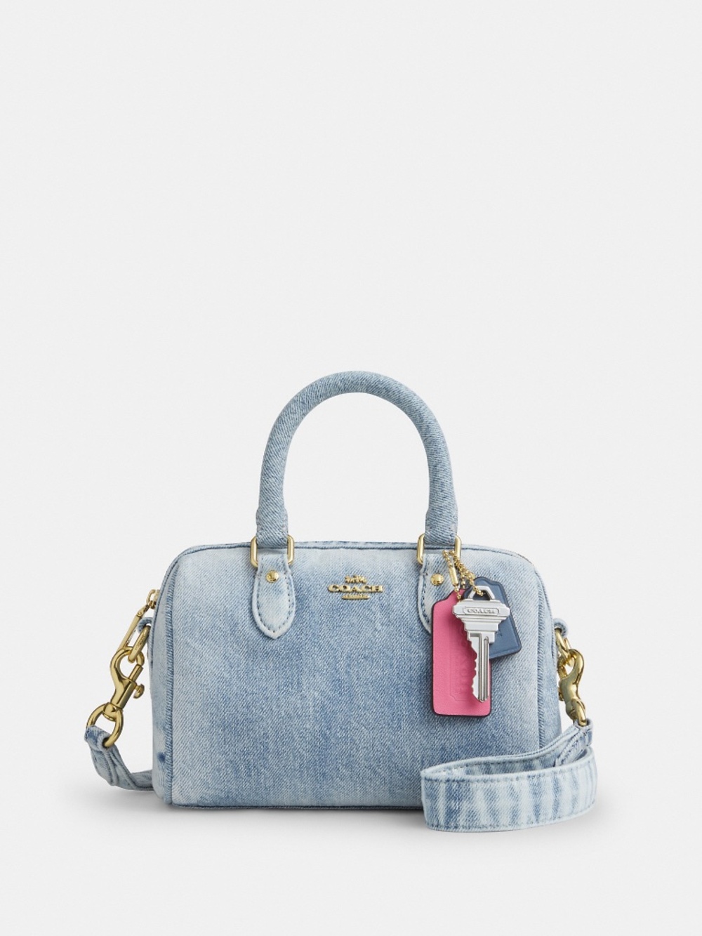 Coach Outlet Mini Rowan Crossbody Bag In Loved Denim With Charms